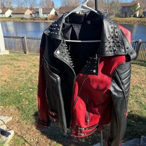 Bold Red and Black Studded Leather Jacket